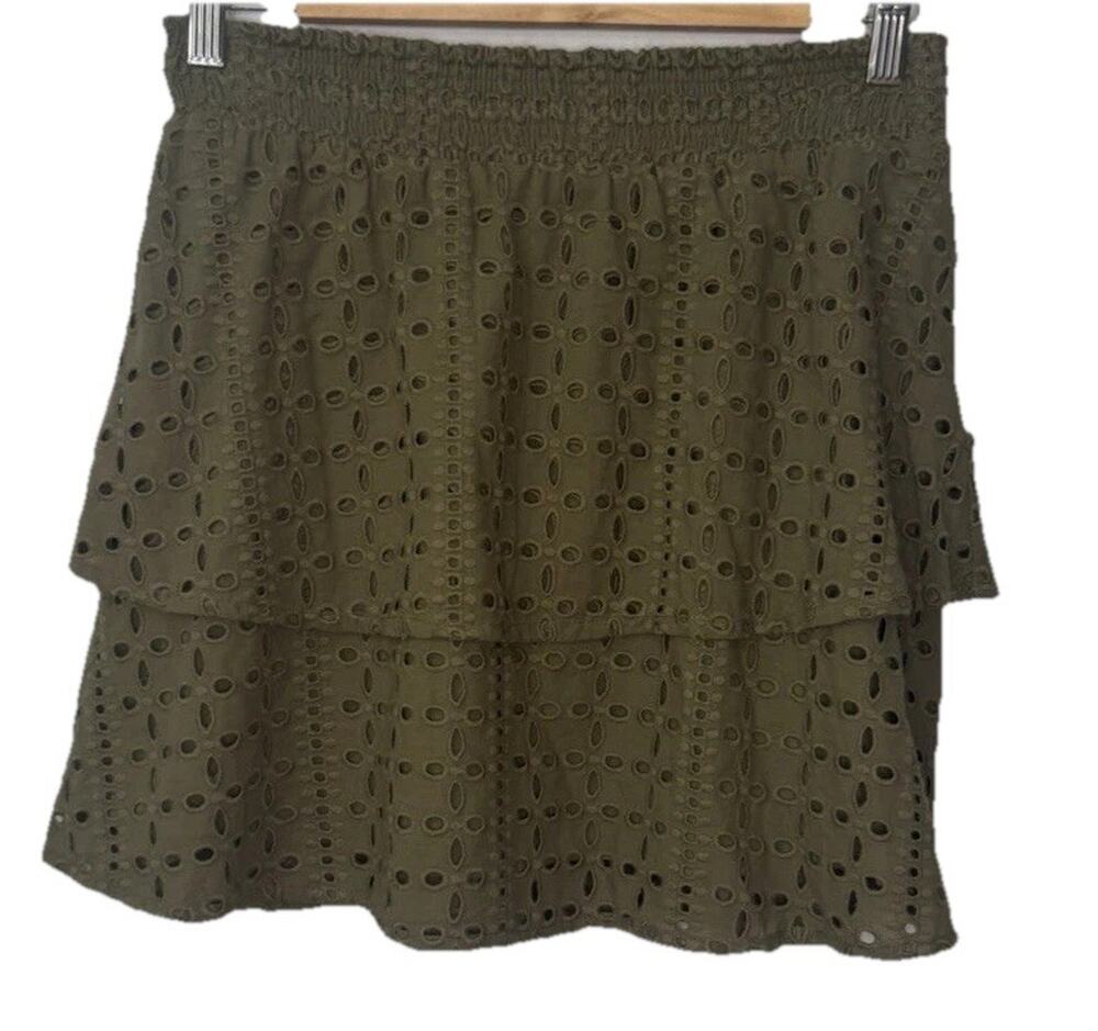 Bar III Skirt Women’s XS Olive Eyelet Embroidery Boho Elastic Pull On Tiered NEW